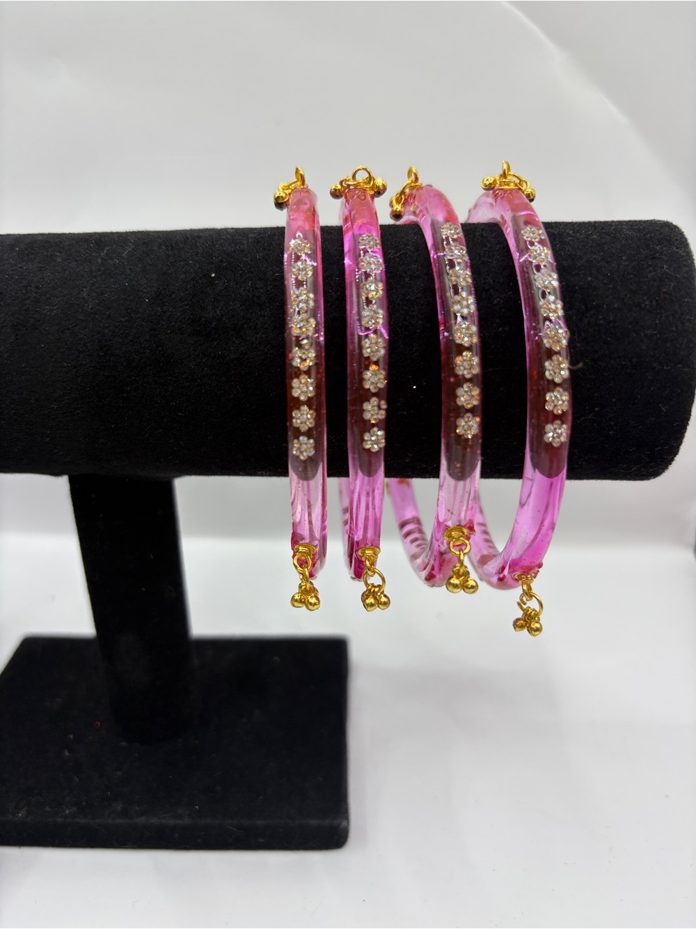 Gold-Accent Kundan Pink Floral Kashmiri Glass Bangle Set - Women's Jewelry